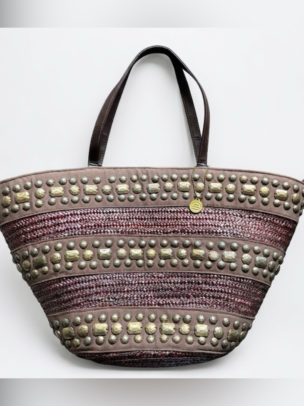 Big Buddha Brown Woven Straw Studded Boho Shoulder Tote Bag